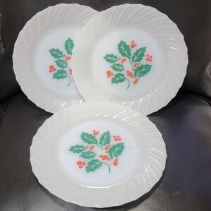 Set of 3 Vtg Milk Glass Swirl Edge Salad Dessert Plate Holly Berry Termocrisa 7"